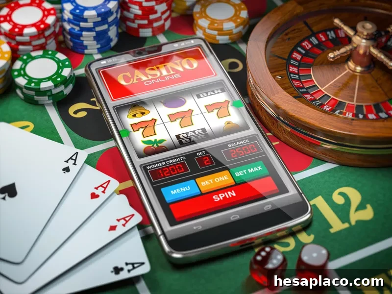 Casino online with slot machine game on smartphone, dice, cards and roulette wheel
