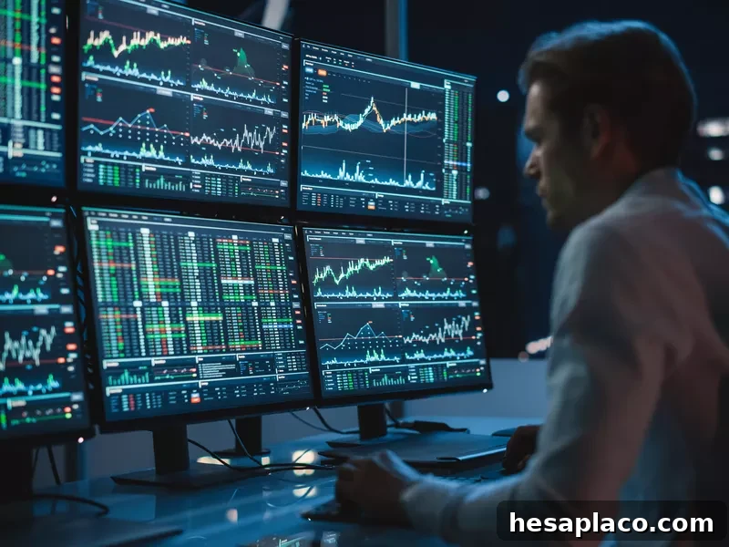 Financial analyst working on a computer with many monitors