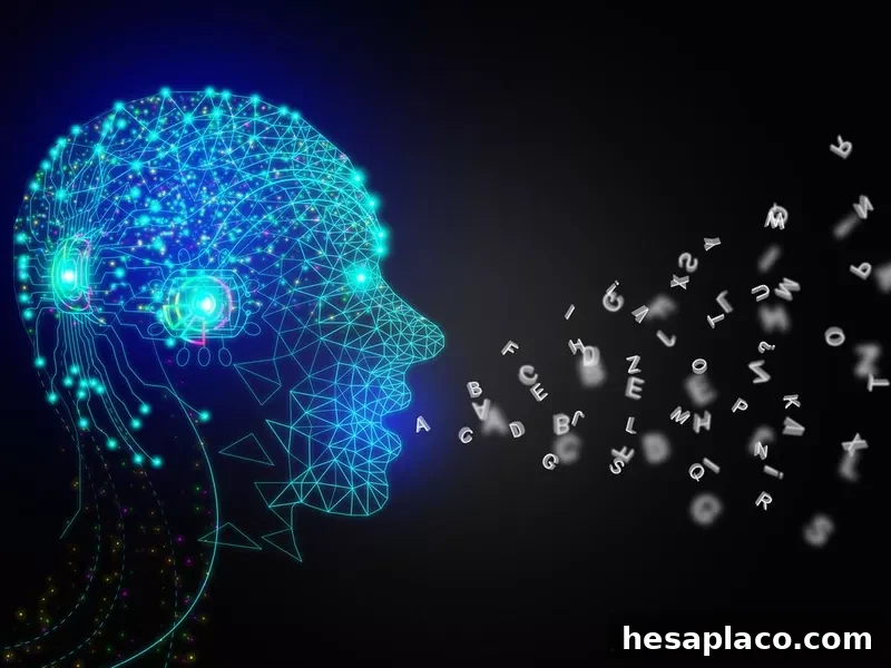 AI speaks letters, text-to-speech or TTS, text-to-voice, speech synthesis applications, generative Artificial Intelligence, futuristic technology in language and communication.
