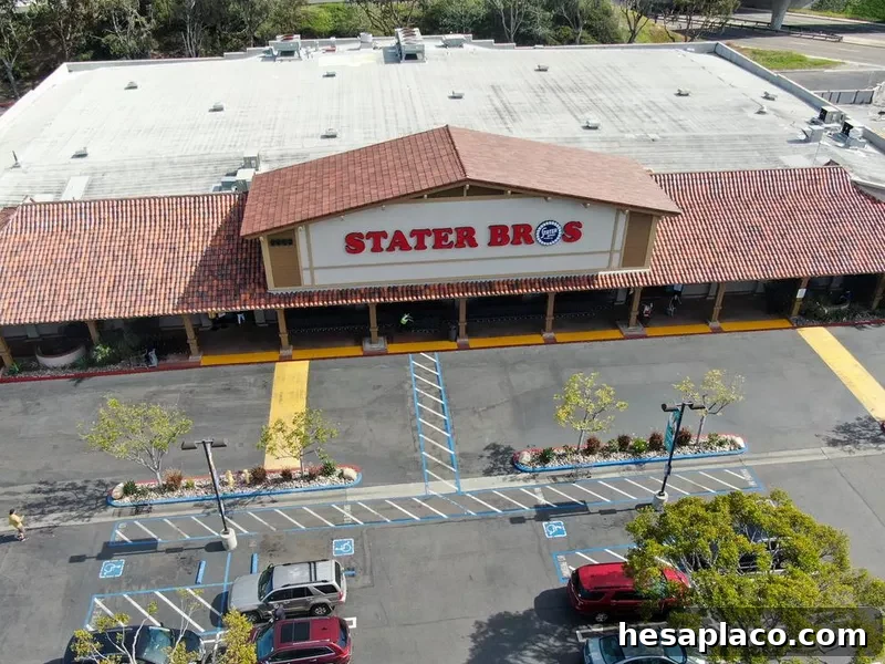 Aerial view of Stater Bros Grocery Store exterior and logo