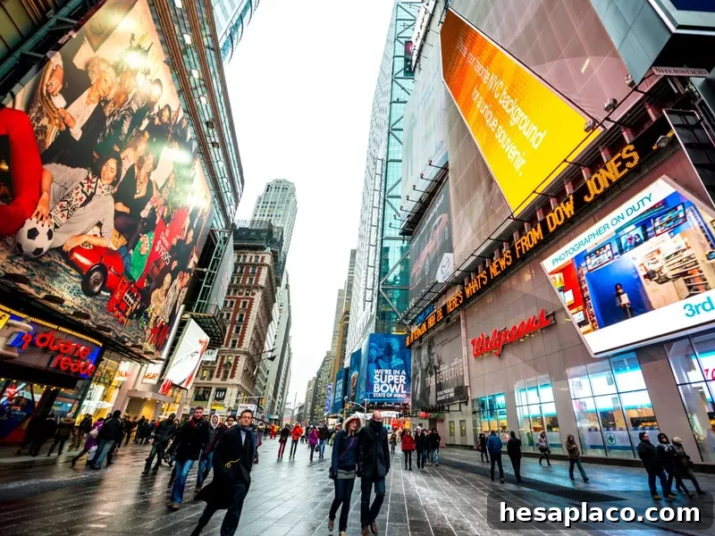 Crowds of tourists exploring Times square during winter holiday