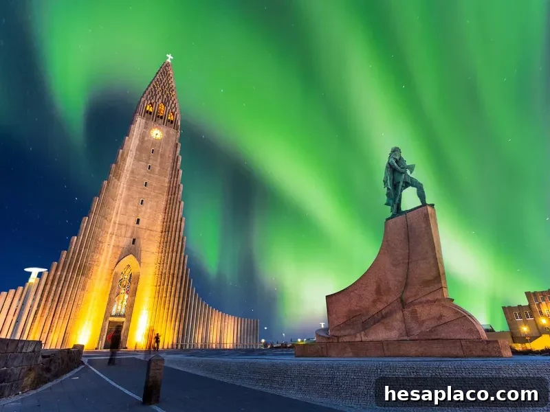 Aurora borealis above Hallgrimskirkja Church in the center of Reykjavik, Iceland