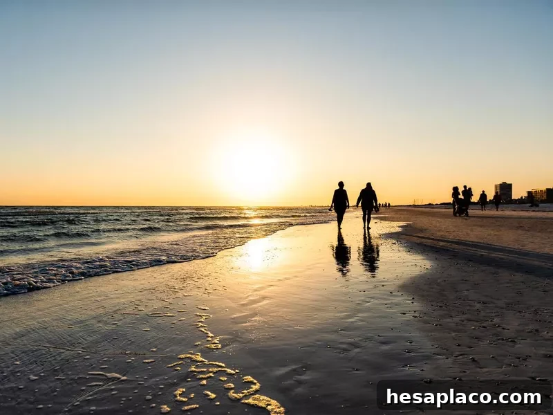 Sarasota, USA Sunset sun in Siesta Key, Florida with coastline ocean gulf of mexico on beach shore and many people couple silhouette walking by waves