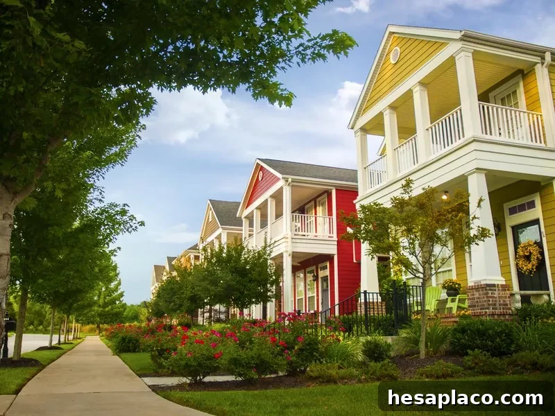 Row of colorful garden homes in suburban area
