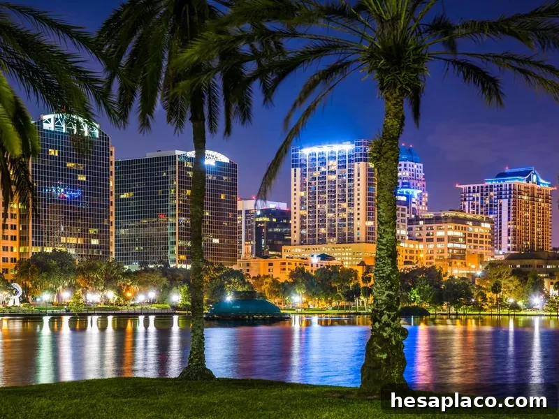 Orlando Florida, lake Eola, skyline, skyscrapers, night.
