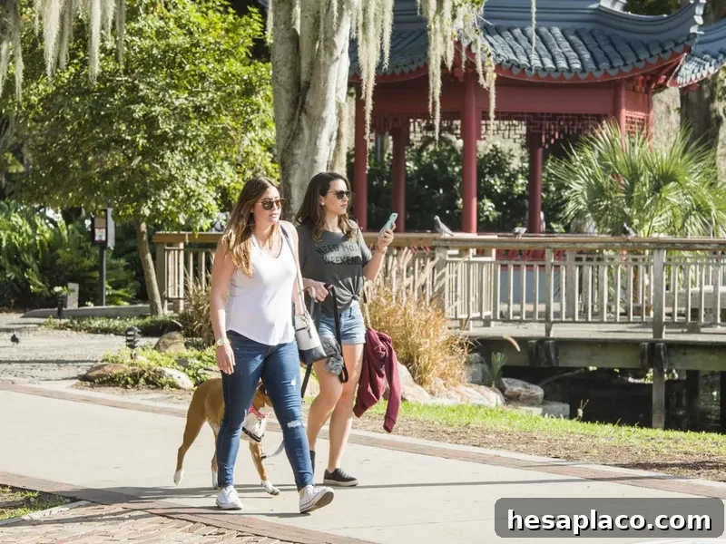 Women Walking Dog at Lake Eola Downtown Orlando Florida USA