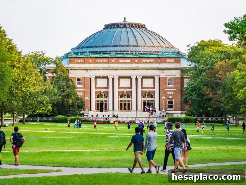 Students walk on university campus quad