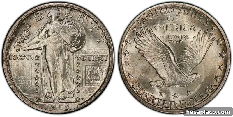 1918 S 8 over 7 Standing Liberty Quarter