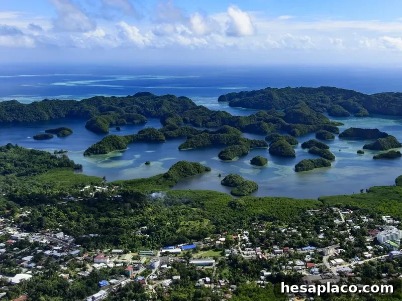 Koror City, Palau, and islands in the cove