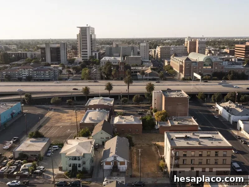 Sunset aerial view of downtown Stockton, California