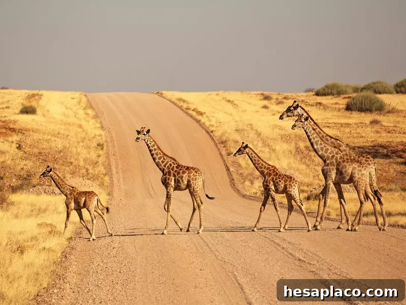 Group of Giraffes Walking on the gravel road in Namibia