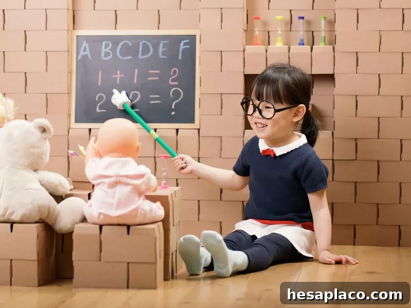 Girl pretend plays as a teacher