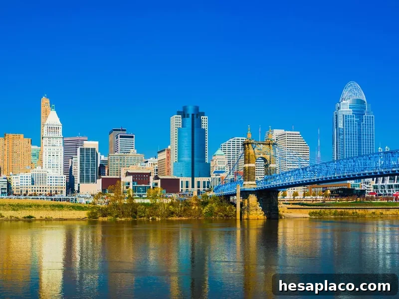 Cincinnati downtown skyline and the John A. Roebling suspension bridge