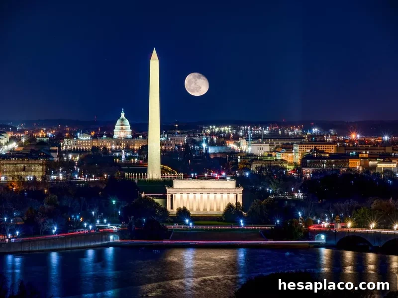 View of Washington, D.C., with a full moon