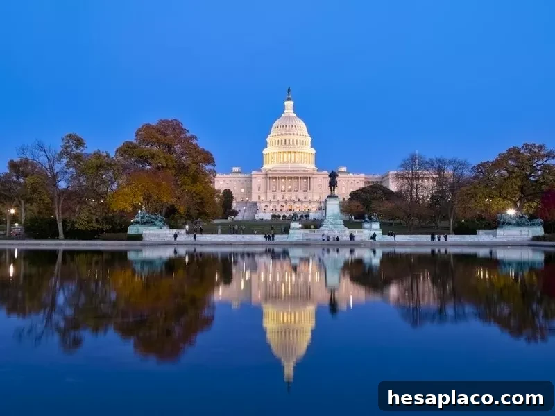 A beautiful reflection of United States Capitol at dawn