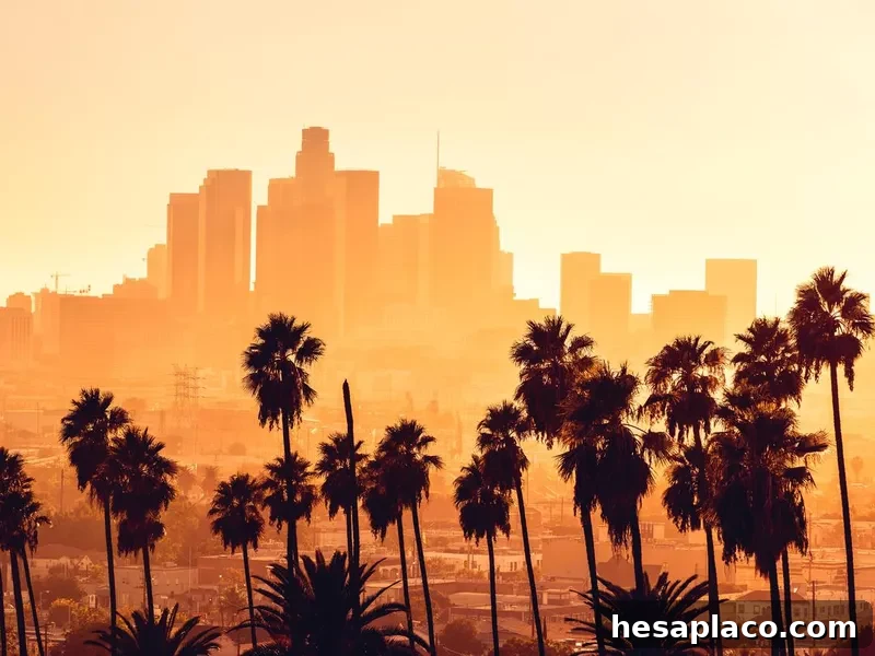 Los Angeles golden hour cityscape over downtown skyscrapers