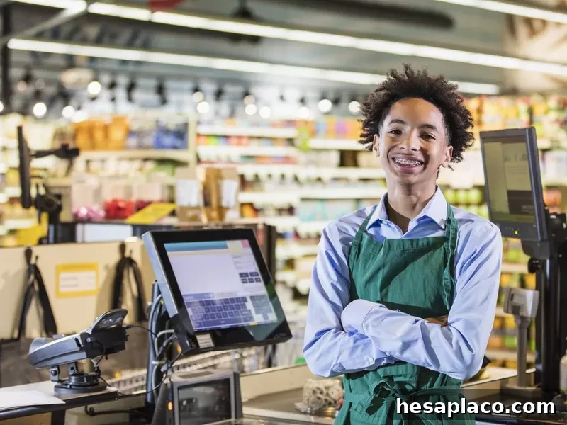 Boy working as supermarket cashier