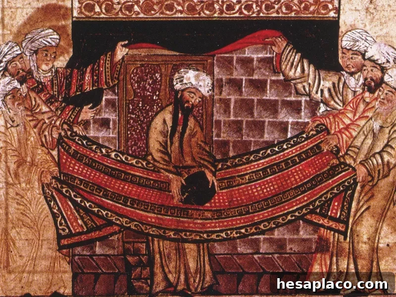 Miniature from Rashid-al-Din Hamadani's Jami al-Tawarikh, c.1315, illustrating the story of Muhammad's role in re-setting the Black Stone in 605.