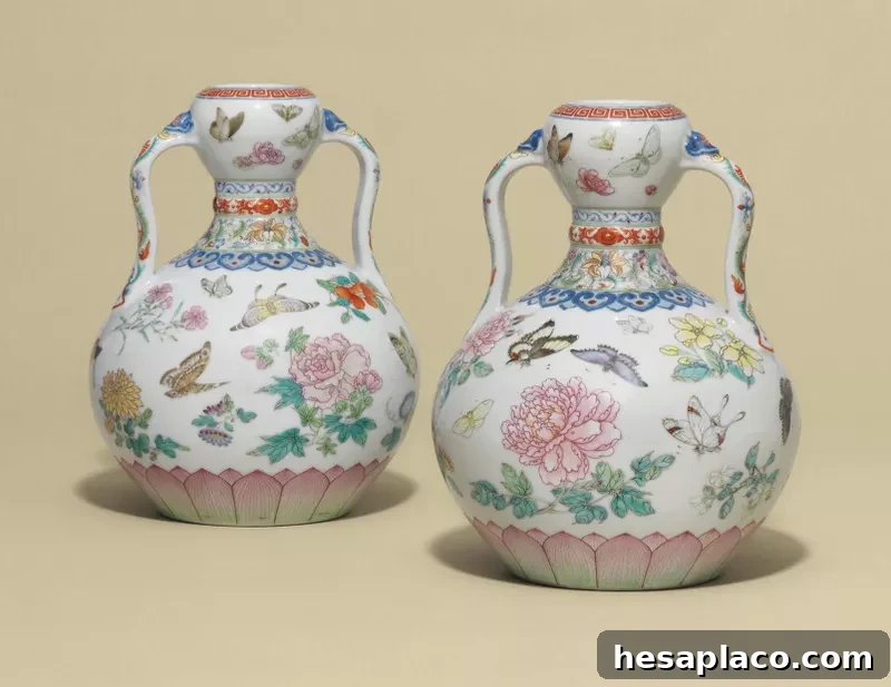 Chinese Famille-Rose Butterfly Double-Gourd Vase Pair