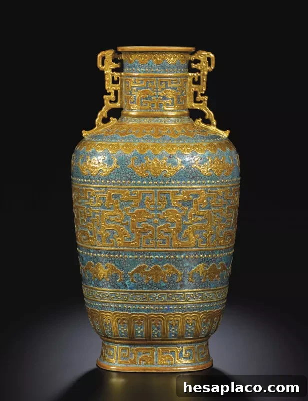 Chinese Robin’s Egg And Gilt Archaistic Vase