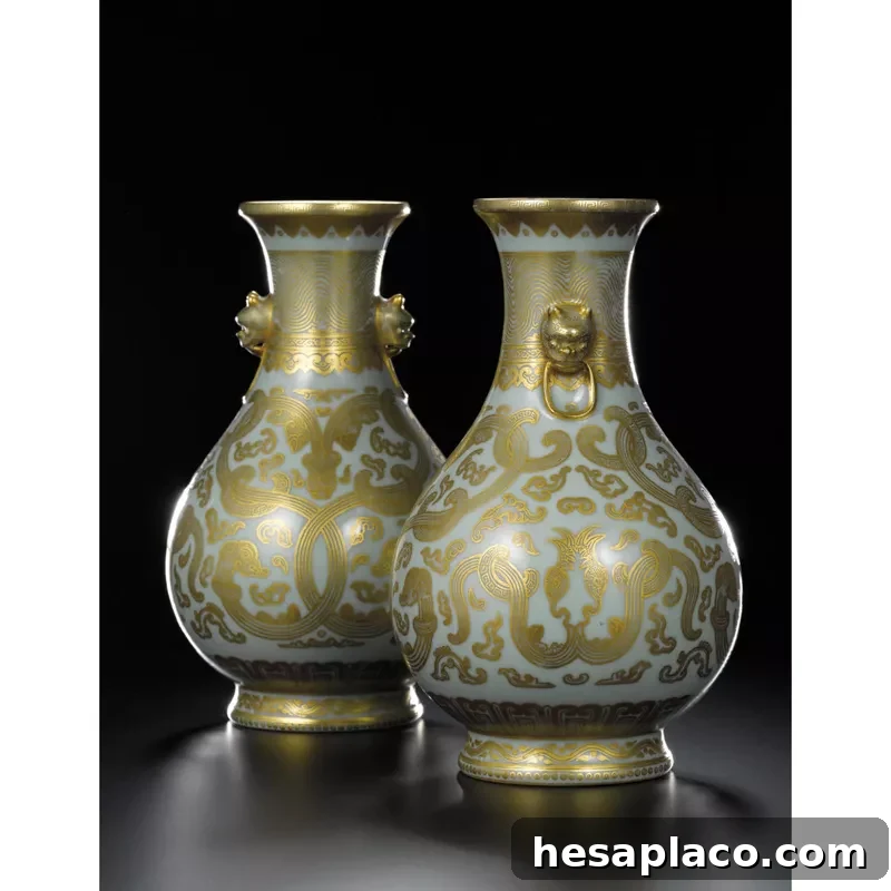 Pair Of Chinese Archaistic Celadon and Gilt Vases