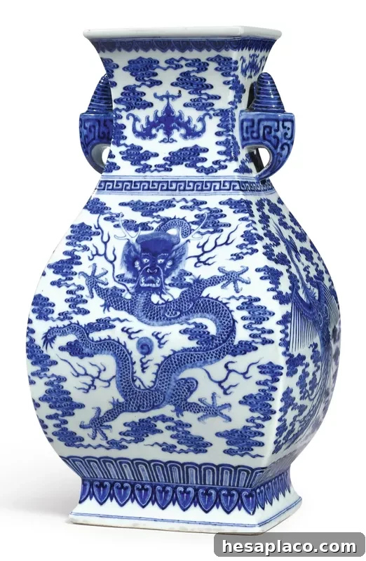 Chinese Blue and White Dragon and Phoenix Vase