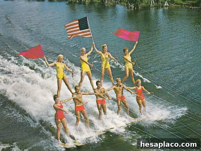 Water skiers holding American flags