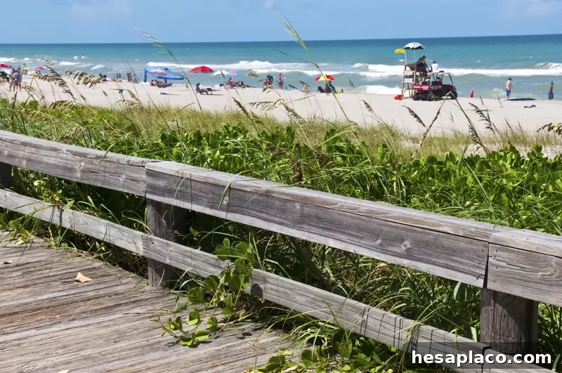 Beach boardwalk and lifeguard stand in Indialantic, Florida, near Melbourne