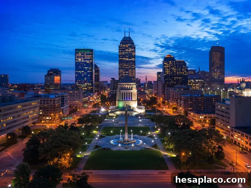 Indianapolis Skyline and Park Aerial at Dusk