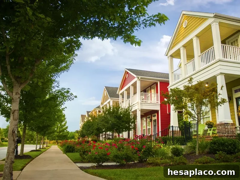 Row of colorful garden homes in suburban area