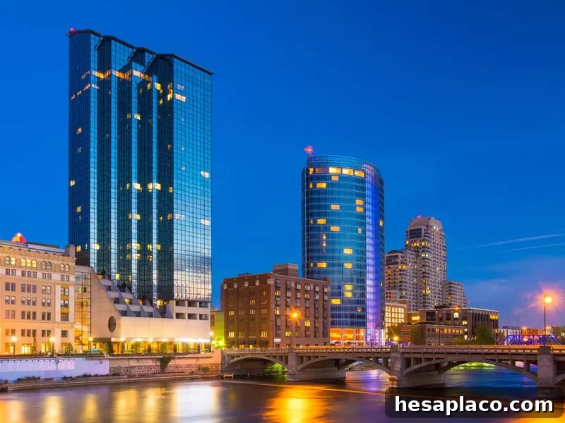Grand Rapids Skyline and River at Dusk