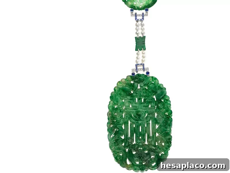 Art Deco Jadeite Jade, Sapphire, Diamond, Seed Pearl, and Platinum Necklace