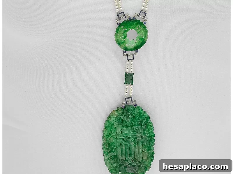 Art Deco Jadeite Jade, Sapphire, Diamond, Seed Pearl, and Platinum Necklace