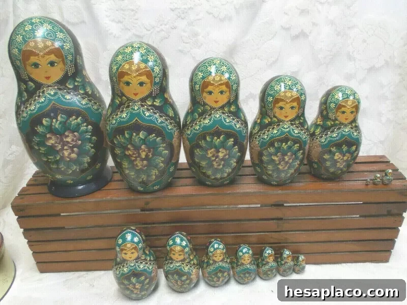 Hand-Painted Teal Russian Dolls