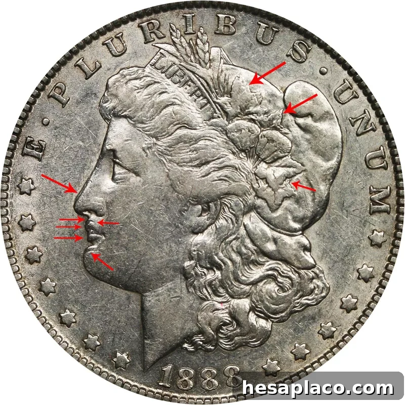 Top 30 Most Valuable Morgan Silver Dollars to Collect 11 1888-O Double-Die Obverse “Hot Lips” Morgan Silver Dollar front