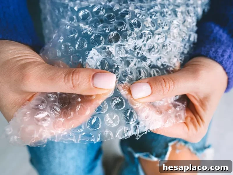 Woman hands squeezing or popping bubbles in bubble wrap