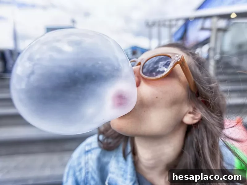 Woman blowing a bubble chewing gum