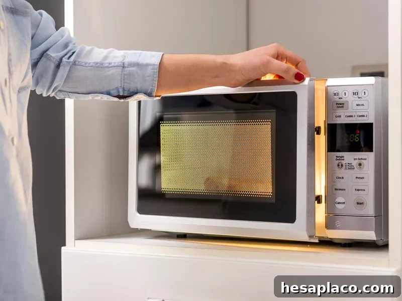 A Woman's Hands Closing Microwave Oven Door