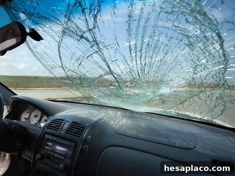 Inside of car with the broken windshiel
