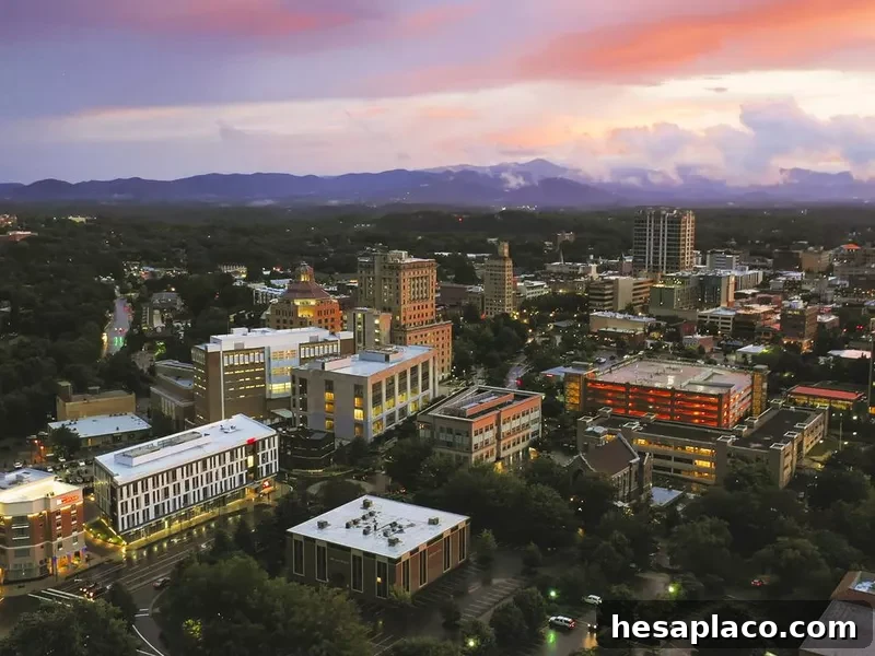 Asheville city downtown during sunset North Carolina Aerial view