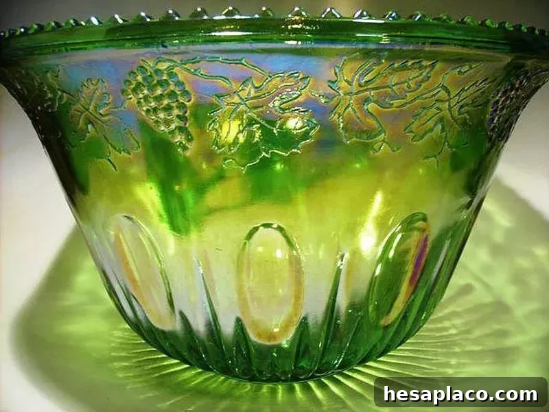 Indiana Green Carnival Glass Princess Punch Bowl