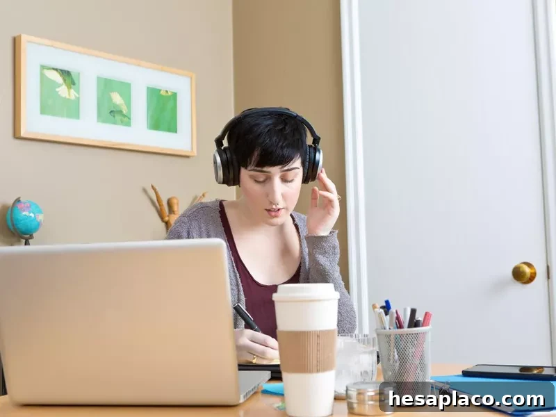 Captioner listening on headphones