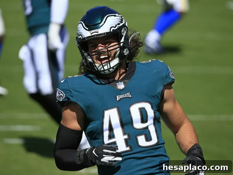 Philadelphia Eagles linebacker Alex Singleton smiles
