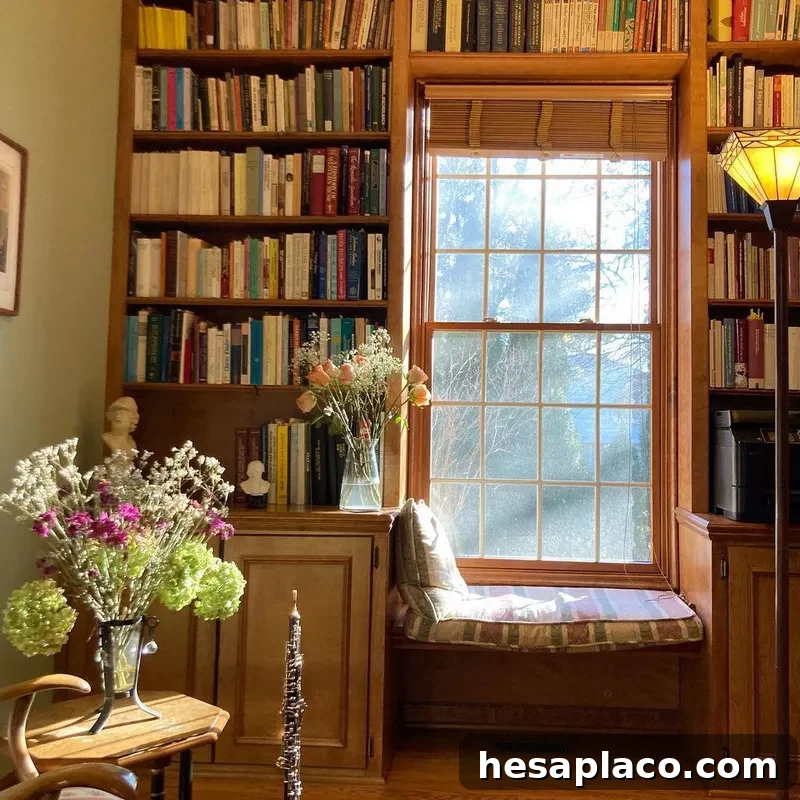 Cozy window seat in home library