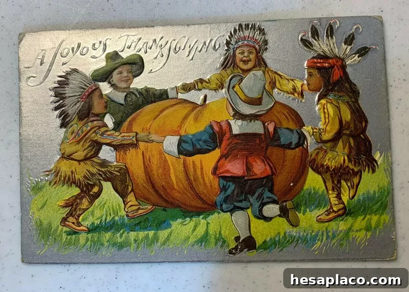Vintage Thanksgiving Postcard With Pilgrim and Native American Children