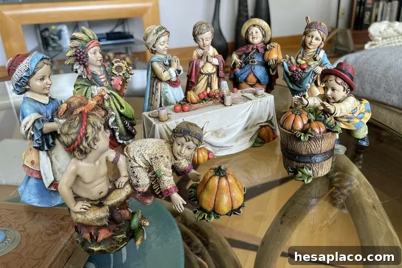 Vintage 10-Piece Resin Children Celebrating Thanksgiving Figurines
