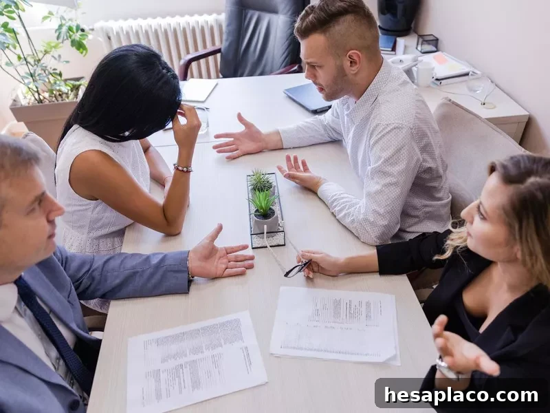 Divorcing couple at the meeting with their lawyers