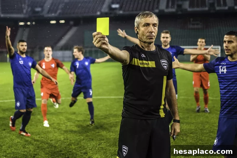 Soccer referee showing yellow card