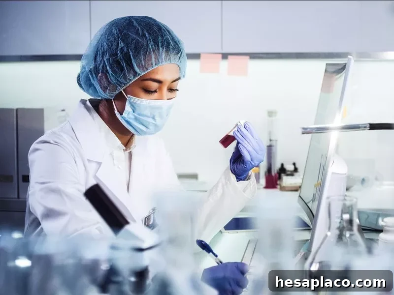 Asian female doctor using microscope and working with pathogen samples