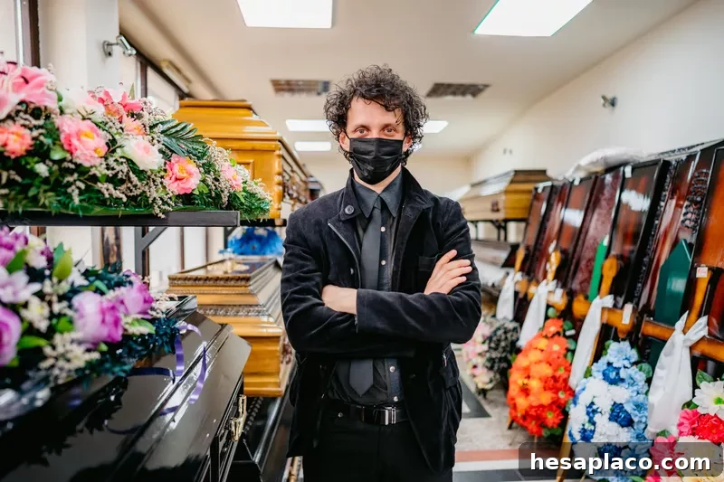 Mortician standing in aisle of coffins